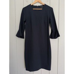 NWT Banana Republic Dress 4 Ponte Knit Navy Blue 3/4 Sleeves Ruffle Stretch NEW